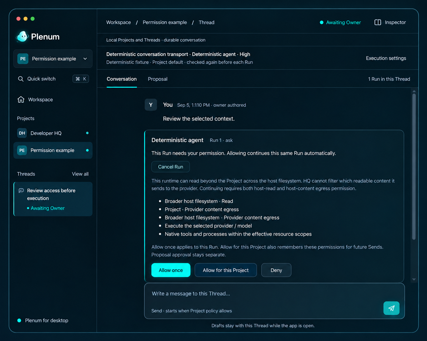 Edited Plenum interface concept with a project sidebar, conversation and permission review.